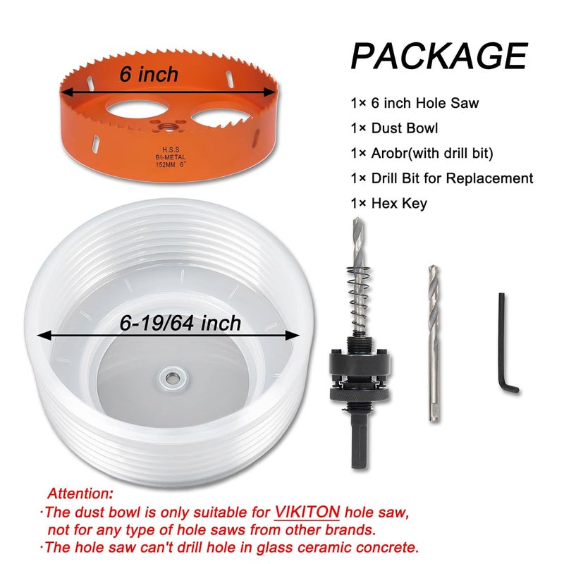 VIKITON 6 Hole Saw for Recessed Lights, 6 Inch Hole Cutter with Dust Bowl Catcher for Led Recessed Lighting 6 Inch and Wood Metal Drywall, Bi-Metal Construction - Image 3